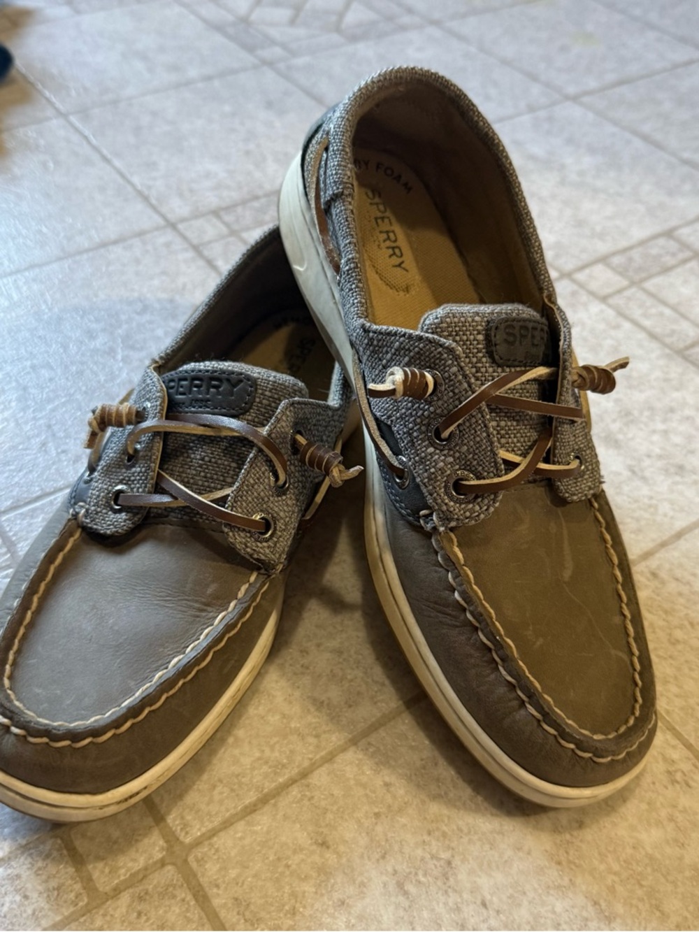 Sperry Womens’s Brown Leather & Gray Textile Boat Shoes